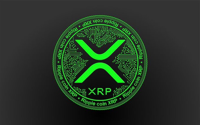 A digital rendering of the Ripple (XRP) coin logo, featuring the iconic "X" symbol with circuit board patterns and the text "Ripple coin XRP" displayed in green on a dark background, paired with a caption celebrating the opportunity to buy XRP at low prices during a market dip.