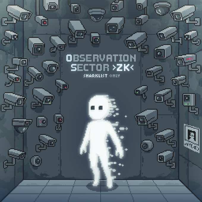 Pixel art shows a glowing white figure surrounded by surveillance cameras in a corridor labeled 'OBSERVATION SECTOR >ZK< SHARKLIST ONLY'.