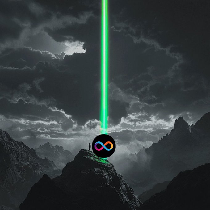 A lone figure stands atop a mountain beneath a glowing green beam piercing through dramatic stormy clouds, with the colorful infinity logo symbolizing $ICP at the base—evoking inevitability and monumental arrival, reinforcing the post's declaration that ICP's rise is unstoppable.