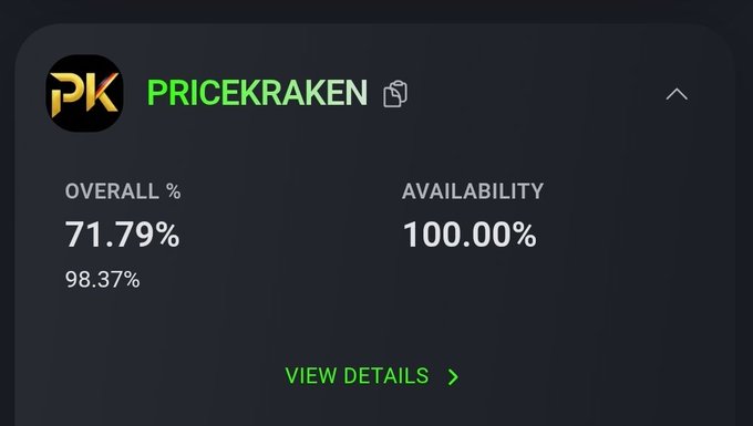 A dark dashboard panel displays the "PriceKraken" (PK) logo and fuel pump icon alongside two key metrics: an "Overall %" of 71.79% (with 98.37% noted below) and an "Availability" of 100.00%, with a "View Details" link at the bottom. The image showcases PriceKraken's performance statistics, visually reinforcing the post's endorsement of the platform's data accuracy and reliable staking services for $FLR.