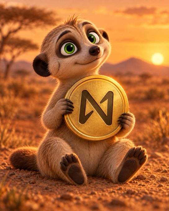 A cute animated meerkat sits in a sunset savanna holding a large gold coin featuring the "N" logo, symbolizing the post's theme of faith in the NEAR cryptocurrency token.