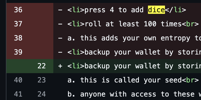 A code editor showing a diff view of HTML list items related to cryptocurrency wallet setup, including instructions to press 4 to add dice, roll at least 100 times, and backup the wallet by storing seed words.