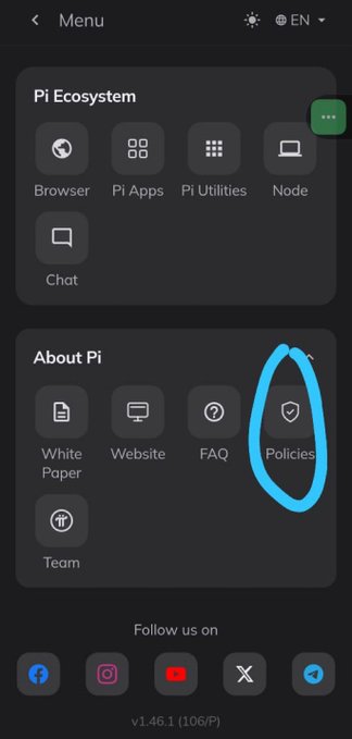 The image shows a mobile app menu screen for Pi Network displaying the "Pi Ecosystem" and "About Pi" sections, with the "Policies" option circled in blue, leading to Pi Network's Child Safety Standards. This relates to the post by illustrating where users can access these trust and safety commitments within the app interface.