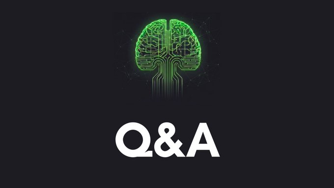 A glowing green digital brain graphic resembling circuitry on a dark background with 'Q&A' written below in white text.