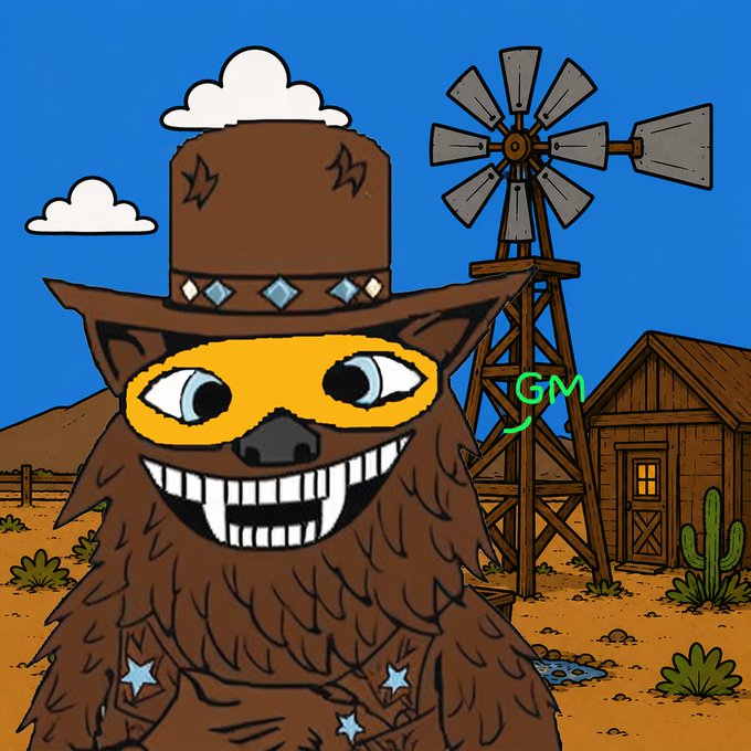 A cartoon illustration of a brown furry creature wearing a cowboy hat and yellow mask in a western setting with a windmill, captioned 'GM'.