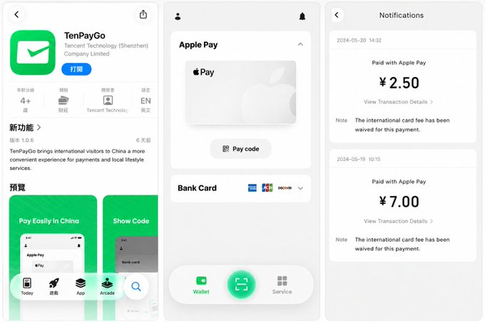 The image shows three screens of the TenPayGo app (v1.0.6 by Tencent Technology), including its App Store listing, a wallet interface with Apple Pay and bank card payment options, and a notifications page displaying transaction history with payments of ¥2.50 and ¥7.00 made via Apple Pay. This illustrates the app's functionality for Tencent's payment service, supporting the post's note that TenPayGo is Apple-only and works with any U-card that can be bound to Apple Pay for payments in China.