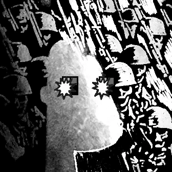 A high-contrast black and white stylized image of a figure wearing star-shaped glasses surrounded by a chaotic crowd of people.