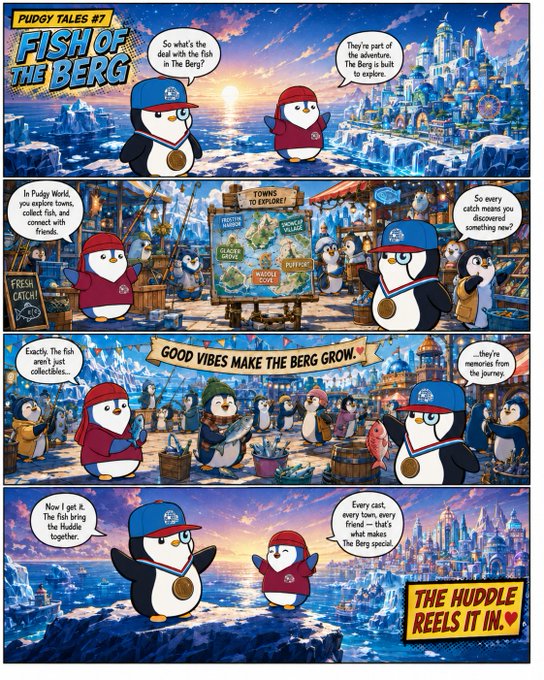 A four-panel comic strip titled 'PUDGY TALES #7: FISH OF THE BERG' featuring cartoon penguins in an icy landscape, with dialogue about exploring Pudgy World, catching fish, and how 'good vibes make the Berg grow,' ending with 'THE HUDDLE REELS IT IN.'