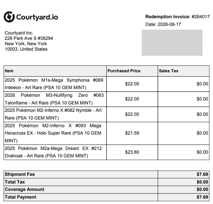 A redemption invoice from Courtyard.io (#264017) dated 2026-08-17 for five PSA 10 GEM MINT Pokémon cards, totaling a $7.69 shipment fee.