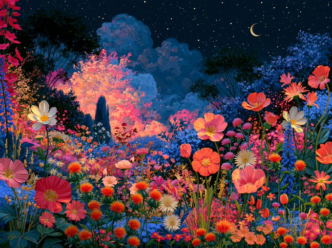 A vibrant field of blooming pink, red, and white flowers stretches beneath a starry night sky with a crescent moon, evoking a sense of growth and flourishing. The lush, blossoming scene mirrors the post's message about nurturing developers and fostering new creations during an onboarding phase.