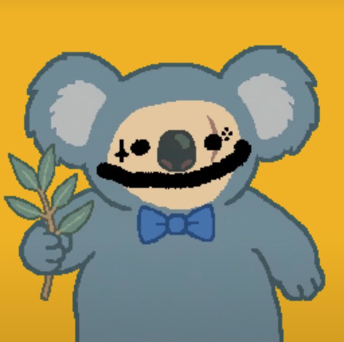 A pixel art illustration of a blue koala with a stitched scar and blue bow tie, holding a leafy branch against a yellow background.