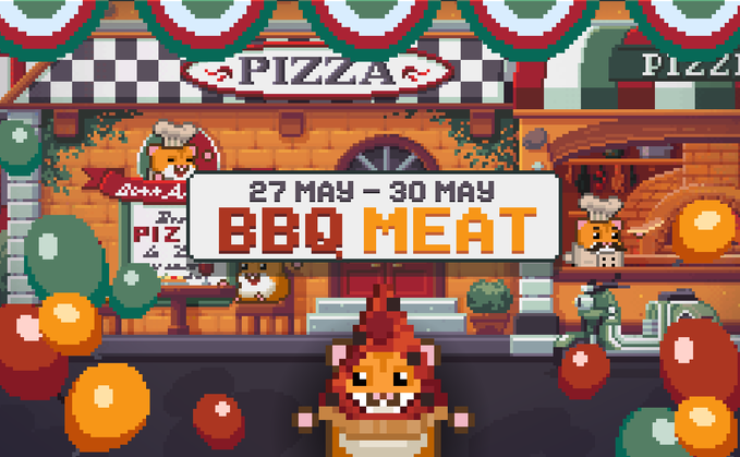 The image features a cartoon character, possibly a cat or dog, sitting inside an oven with smoke billowing out of it. The scene takes place during the summer months, as indicated by the text "SMOKE IS RISING THROUGH THE SUMMER AIR". The character is surrounded by balloons and other objects that are floating in front of a pizza shop. The image also includes some text related to a BBQ event or party, such as "BQ MEETING" and "27 May - 30 May", suggesting it could be an advertisement for a BBQ gathering.