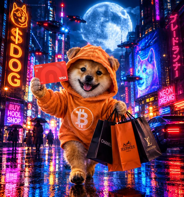 An AI-generated image of a Shiba Inu dog wearing an orange Bitcoin hoodie, holding a Visa card and luxury shopping bags (Chanel, Hermès, Louis Vuitton) in a neon-lit cyberpunk cityscape with '$DOG' and 'BUY HODL SHOP' signs.