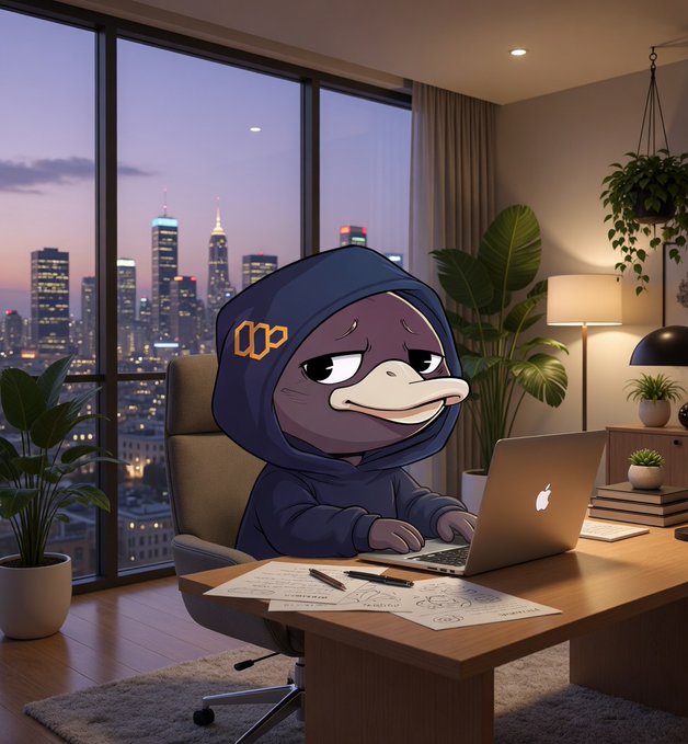 The image features a cartoon duck sitting at a desk with an open laptop computer, surrounded by various objects such as papers, books, and potted plants. The scene takes place during nighttime, creating a cozy atmosphere for Quackers, the cartoon character from Wallchain. The image also includes text that reads "Good night, Quackers. Just because night has fallen doesn'n mean the developers at @wallchain are stopping their work. My thoughts keep revolving around Wallchain, even while I sleep." This suggests that Quackers is a character who works on Wallchain and is excited about its future developments.