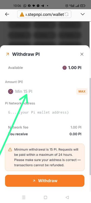 A mobile screenshot of the StepnPi wallet's "Withdraw PI" interface shows a minimum withdrawal requirement of 15 PI, highlighted by a green arrow. The user has only 1 PI available to withdraw and notes that withdrawal limits are expected to decrease over time as the platform develops.