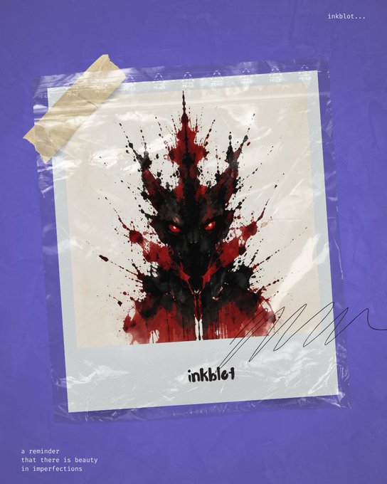 The image features an album cover for "Inkblot" by a group of artists. The background color of the album cover is purple, with a white border. The artist's name is written in black text at the bottom right corner of the image. The album title is also displayed in black text on the cover. The artwork on the cover includes a red and black design that resembles a dragon or a skull. There are several watercolor splatters scattered across the cover, adding to its artistic appeal.