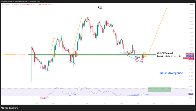 A TradingView candlestick chart for SUI (SUI/USDT) on Coinbase displays a 1-day timeframe showing a potential bullish reversal setup, with key annotations including "Pump above this level," "ON-OFF-Level," "Break this bottom is IN," and a "Bullish divergence" signal near the $0.92 support zone, supporting the post's claim that buying SUI at current levels will prove wise before it moves higher.