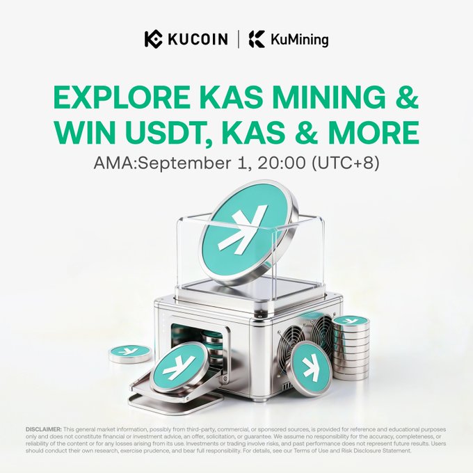 A promotional graphic for a KuCoin and KuMining AMA event on September 1 at 20:00 (UTC+8), featuring the headline "EXPLORE KAS MINING & WIN USDT, KAS & MORE" alongside a 3D rendering of a mining device with teal Kaspa (KAS) tokens emerging from it, visually tying into the post's invitation to join their Telegram AMA about Kaspa mining and rewards.