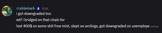 A Discord message from user "stablemark" lamenting: "i got downgraded too, wtf i bridged on that chain for, lost 400$ on some shit free mint, slept on arclings, got downgraded on unemploye."