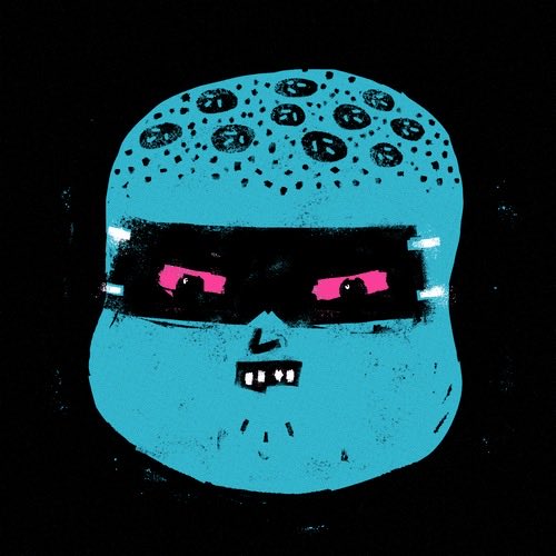 A stylized cyan blue head wearing a hockey-style mask with dark eye slits revealing glowing pink eyes, set against a black background. The pixelated, glitchy aesthetic with its bold limited color palette of teal, black, and hot pink visually echoes the "JPEG supercycle" theme by evoking digital compression artifacts and retro internet imagery.