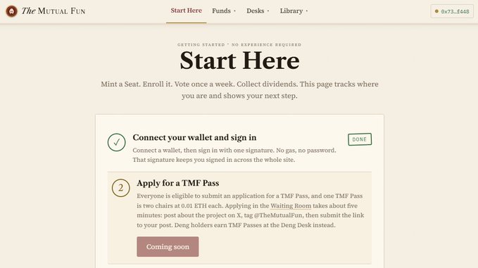 A screenshot of 'The Mutual Fun' website showing a 'Start Here' page with instructions to 'Connect your wallet and sign in' and 'Apply for a TMF Pass' for 0.01 ETH each.