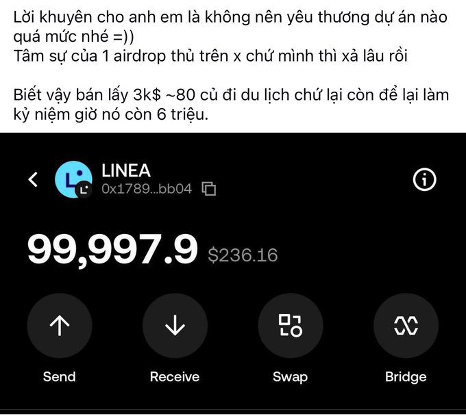 A Vietnamese-language social media post advising against becoming too emotionally invested in projects, sharing a wallet screenshot showing a LINEA wallet (0x1789...bb04) with a balance of 99,997.9 tokens (~$236.16) and Send/Receive/Swap/Bridge options.