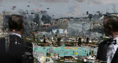 An impressionistic or glitch-effect artwork depicting a crowded outdoor gathering or party with figures, balloons, and two people in suits in the foreground against a muted, blurred background.