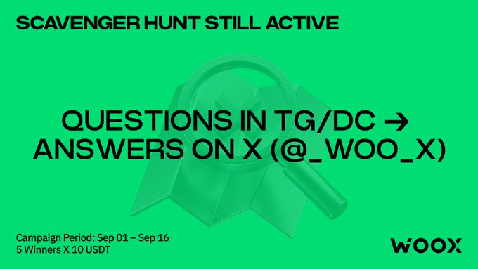 A green promotional graphic for a 'SCAVENGER HUNT' by WOOX, noting 'QUESTIONS IN TG/DC → ANSWERS ON X (@_WOO_X)' with a campaign period of Sep 01 – Sep 16 and 5 Winners X 10 USDT.