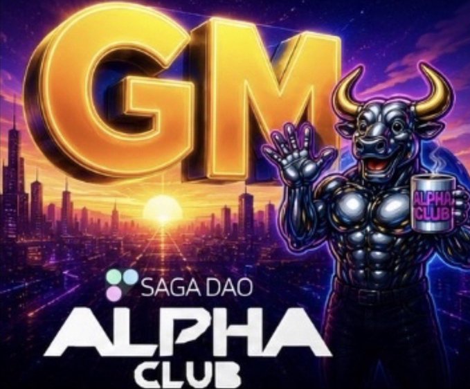 A vibrant promotional graphic featuring the text 'GM' in large gold 3D letters, 'SAGA DAO', and 'ALPHA CLUB', with a muscular metallic bull character holding a mug, set against a futuristic city skyline at sunset.