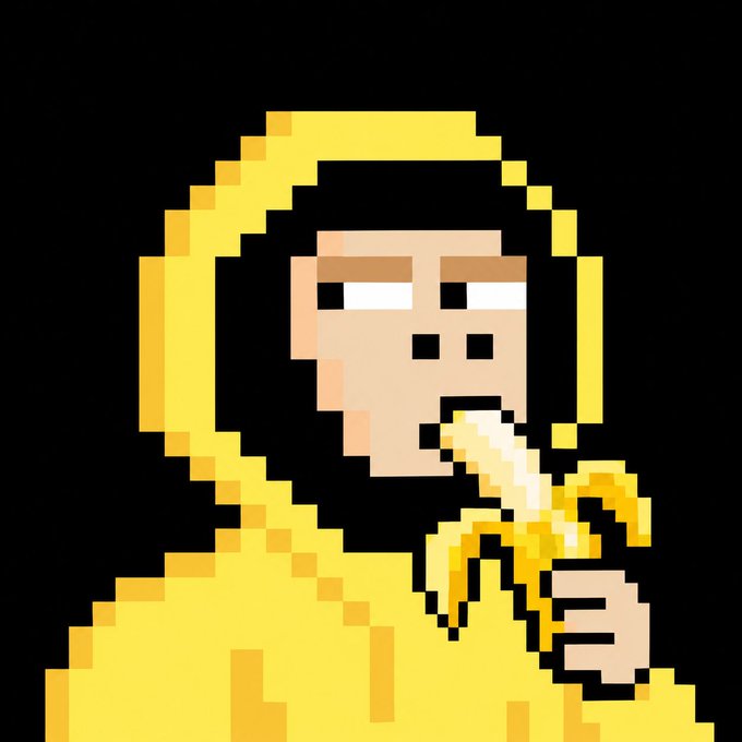 A pixel art illustration shows a character in a yellow hooded sweatshirt eating a banana against a black background.