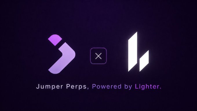 A promotional graphic with a dark purple gradient background features the Jumper logo (a stylized purple arrow) on the left and the Lighter logo (white geometric shapes) on the right, separated by a small "×" in a rounded square. Below the logos, the text reads "Jumper Perps, Powered by Lighter." The image visually represents the post's suggestion of integrating Lighter's zero-fee perpetual futures infrastructure directly into the Jumper app.