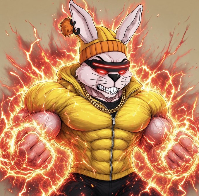 An illustration of a muscular anthropomorphic rabbit with glowing red visor sunglasses, wearing a yellow hoodie, gold chain, and an orange beanie, surrounded by fiery energy.