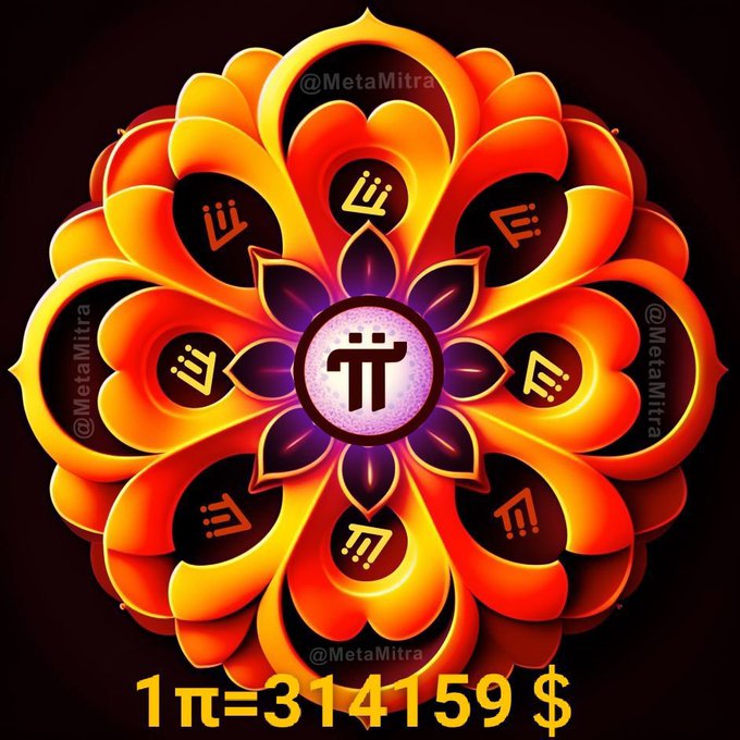 A glowing orange and red mandala design with central text '1π=3.14159$' and the watermark '@MetaMitra' displayed across the image.