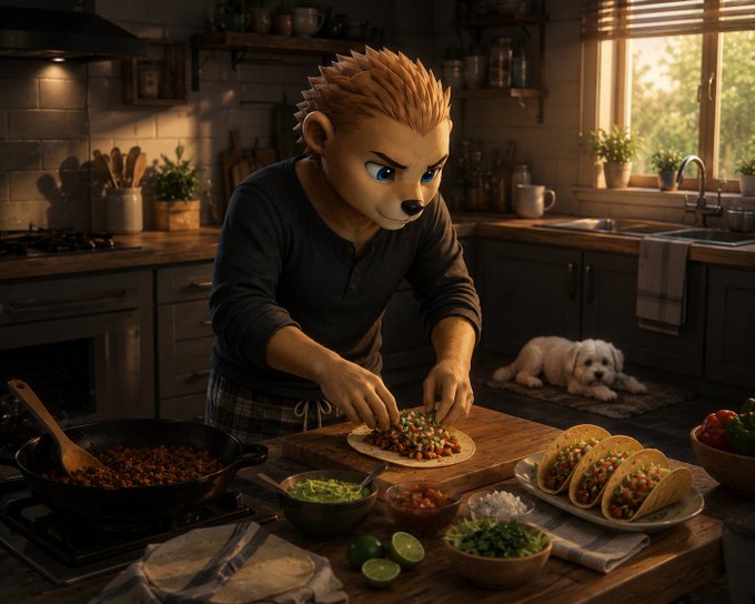 A Pixar-style digital illustration of an anthropomorphic lion character in a kitchen preparing tacos, with various ingredients on the counter and a small dog resting nearby.