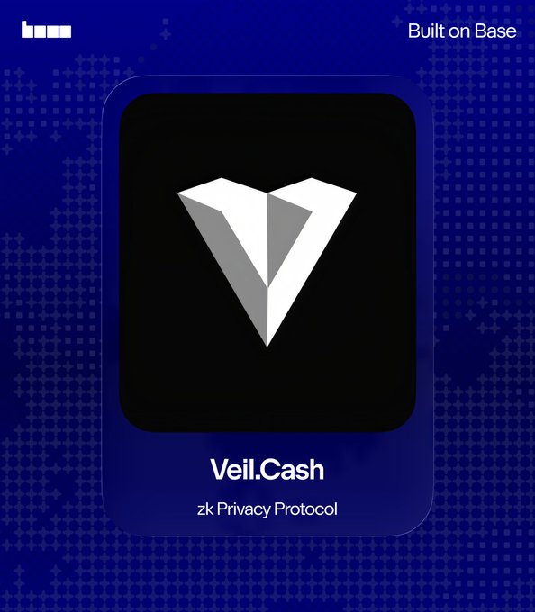 A promotional graphic for "Veil.Cash," labeled as a "zk Privacy Protocol" and marked "Built on Base," featuring a stylized "V" logo on a dark blue pixelated background. The image aligns with the post by highlighting a privacy-focused project built on the Base network, appealing to Base ecosystem supporters.