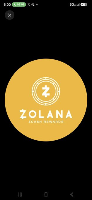 A mobile app screen shows a large yellow circle containing a "Z" symbol and the text "ZOLANA ZCASH REWARDS" with a phone status bar at the top showing 6:00 and 77% battery.