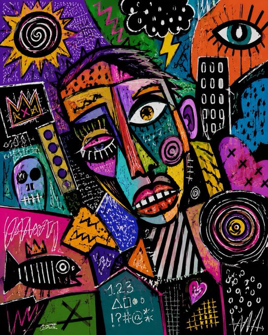 The image features a colorful, abstract painting of a man's face with an eye patch over one eye. The painting has various elements such as buildings, skulls, fish, and other objects that contribute to its unique style. The post reads "61 Has MINTED ON GTD. WHO DAD? WHO DAD? WHO DAD?". This question is likely intended to spark a discussion about the artist's inspiration or the meaning behind the painting.

The answer to this question would depend on the interpretation of the viewer, as art can be open to multiple perspectives and meanings. Some might see it as an exploration of identity or self-expression through unconventional mediums like paint and abstract shapes. Others may view it as a commentary on societal norms or expectations placed upon individuals. The painting's subject matter invites viewers to engage in a conversation about the artist's intentions, the context surrounding the artwork, and its potential significance within the broader art world.