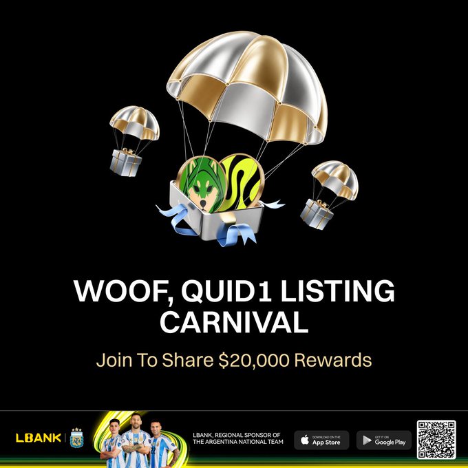 A promotional graphic for LBank's "WOOF, QUID1 Listing Carnival" features parachuting gift boxes delivering coins and rewards, advertising $20,000 in prizes for participating in the listing event with a August 8 deadline.