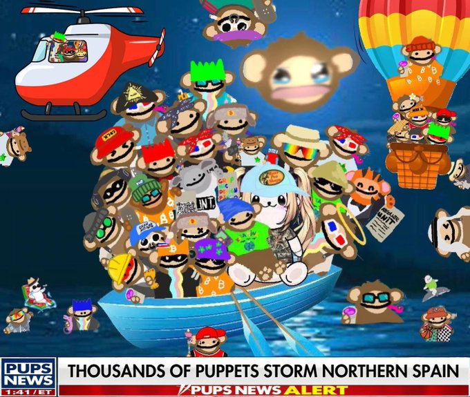A boat and helicopter are filled with "puppets" from "Pups News" in an apparent "BREAKING" alert about them storming Northern Spain. The image directly illustrates the news headline, showing a surreal scene of many cartoon characters being transported towards land.