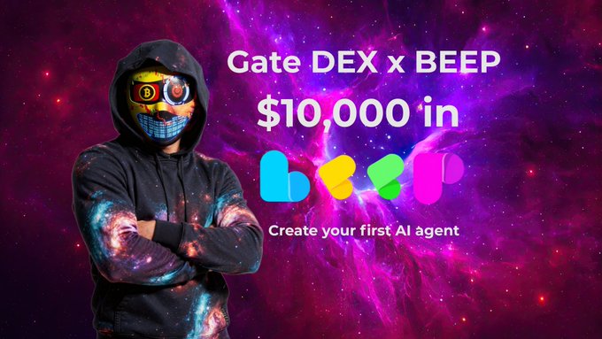 A promotional banner for 'Gate DEX x BEEP' offering '$10,000 in BEEP' with the tagline 'Create your first AI agent', featuring a hooded character with a futuristic mask against a purple galaxy background.