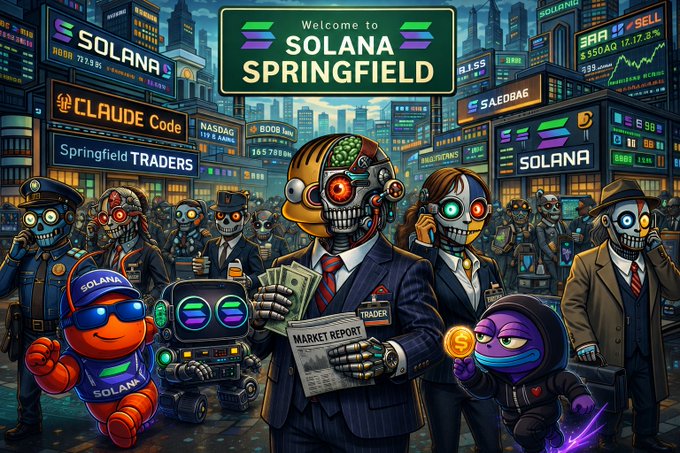 A colorful cartoon-style digital illustration titled 'Welcome to SOLANA SPRINGFIELD' featuring robot and cyborg characters in a financial district setting, with signs mentioning 'CLAUDE Code', 'Solana', 'NASDAQ', and market data.