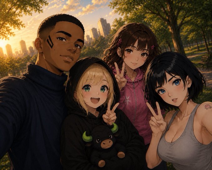 An anime-style illustration of a group of friends taking a selfie in a park at sunset, including a Black male character and three female characters in casual outfits.