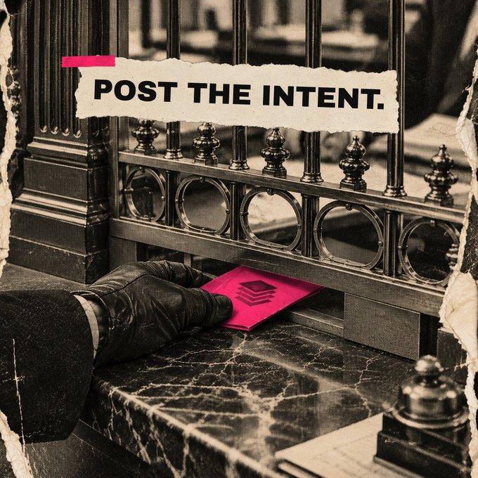 A gloved hand slides a bright pink envelope beneath an ornate iron gate at a marble desk, overlaid with a torn-paper banner reading "POST THE INTENT." — visually echoing the accompanying post's message about discreetly submitting large trade orders to a hidden desk where counterparties bid in sealed auctions and winning trades settle directly onchain at pinksheets.fi, bypassing thin public pools.