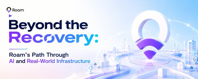 The image is a banner for Roam featuring the headline "Beyond the Recovery: Roam's Path Through AI and Real-World Infrastructure," set against a futuristic blue background with a stylized Roam logo (a circular design resembling a Wi-Fi or location symbol) and illustrations of infrastructure elements like wind turbines, solar panels, and a city skyline. This visually reinforces the post's focus on Roam's resilience and forward-looking strategy in AI and real-world infrastructure beyond the recent crypto market recovery.