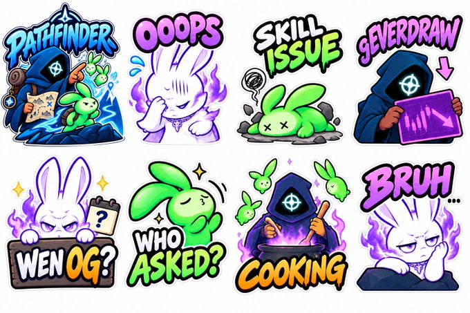 A collection of eight gaming-style sticker/emoji designs featuring characters like a hooded 'Pathfinder' mage, a green rabbit, and a purple rabbit, with text including 'OOOPS', 'SKILL ISSUE', 'NEVERDRAW', 'WEN OG?', 'WHO ASKED?', 'COOKING', and 'BRUH'.