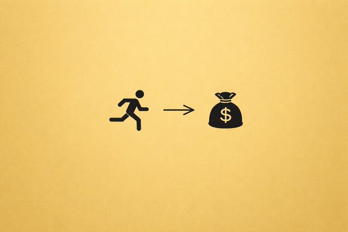 A running figure icon points toward a money bag labeled with a dollar sign, symbolizing the journey from effort to wealth—visually reinforcing the post's message about a structured path from $100 to $1,000,000.