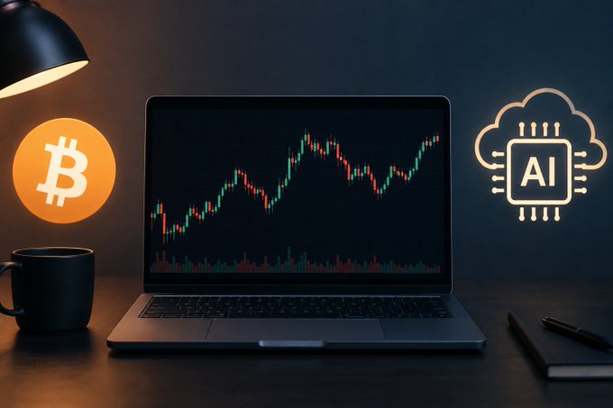 A laptop displays a Bitcoin candlestick chart on its screen, flanked by an orange Bitcoin logo and an "AI" cloud icon, illustrating a strategy to analyze $BTC market trends using price action.