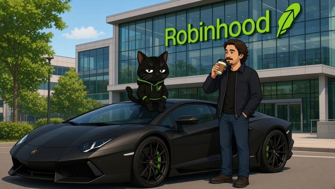 A man holding a coffee cup stands next to a matte black Lamborghini, with an illustrated black cat perched on the hood, in front of a building displaying the "Robinhood" logo. The image ties into the $LARPY post by visually introducing the "Larping Cat" mascot arriving at Robinhood's headquarters, reinforcing the narrative that $LARPY has entered the Robinhood Chain as a community-driven character.