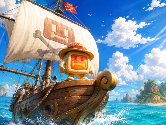 The image features a cartoon character, possibly a pirate or a sailor, sitting on top of a ship that appears to be sailing through the ocean. The ship has a brown wooden hull with gold accents, giving it an old-fashioned appearance. The character is wearing a hat and sunglasses, adding to its pirate-like look. In the background, there are mountains visible in the distance, providing a beautiful backdrop for the scene. The image also includes text that reads "full time $bnkr shill working for free btw".