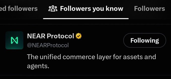 A social media profile header for 'NEAR Protocol' (@NEARProtocol) describing it as 'The unified commerce layer for assets and agents.' with a 'Following' button displayed.